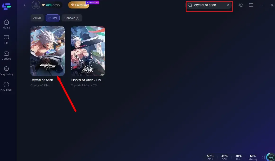 Crystal of Atlan server selection screen highlighting regional servers