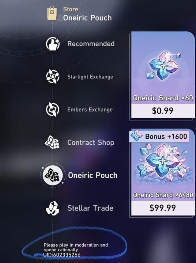 Honkai Star Rail in-game purchase interface displaying various Oneiric Shard packages with pricing tiers