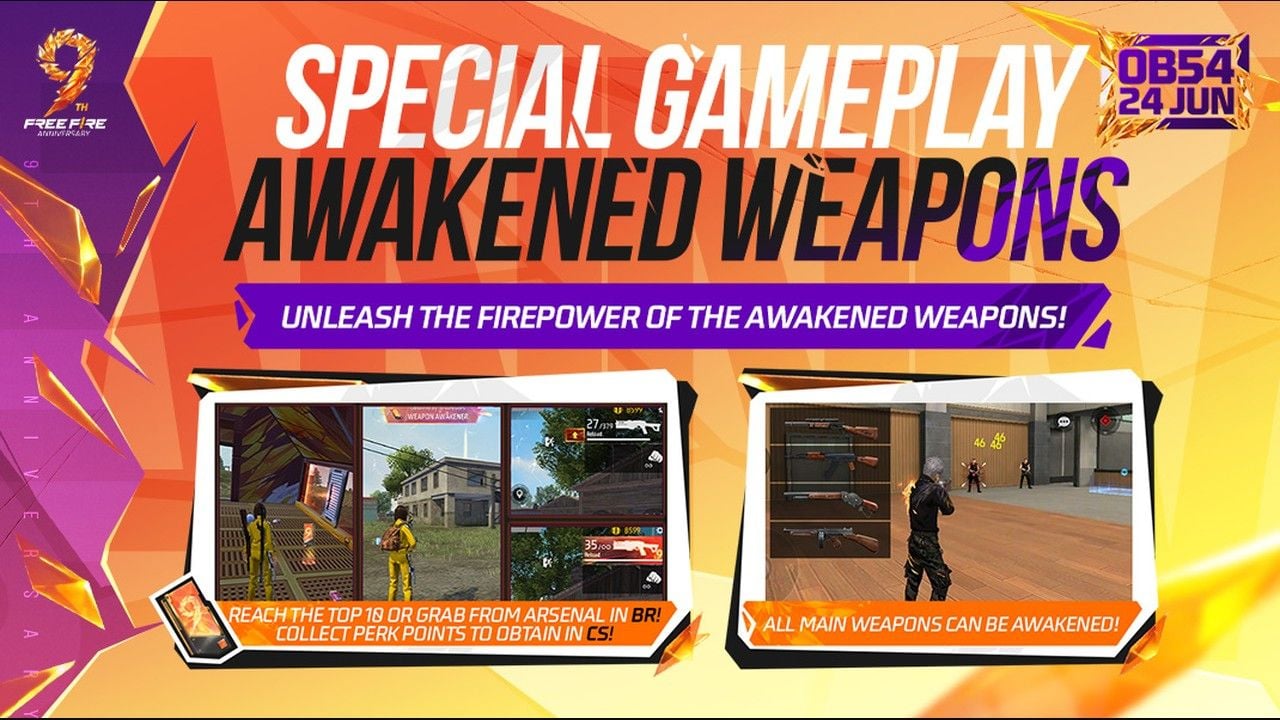 Official OB54 Free Fire graphic showing awakened weapons and a firing-range drill