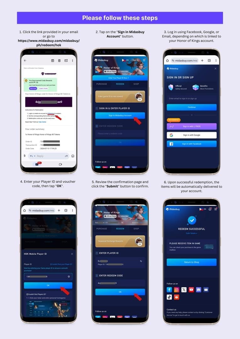Honor of Kings mobile app interface showing code redemption menu navigation