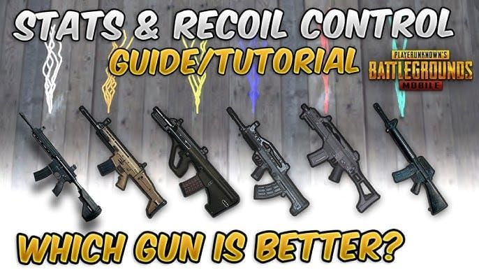 PUBG Mobile assault rifles M416, AKM, and Beryl M762 with various attachments