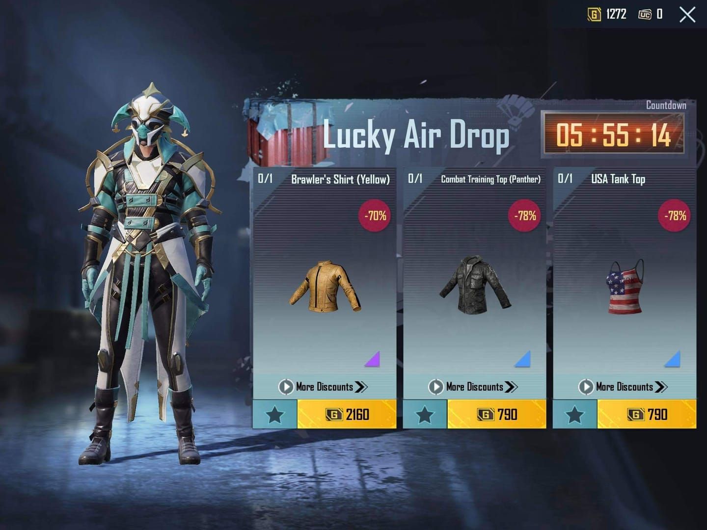 Interfața magazinului PUBG Mobile afișând un Lucky Airdrop cu margine aurie și cronometru de reducere