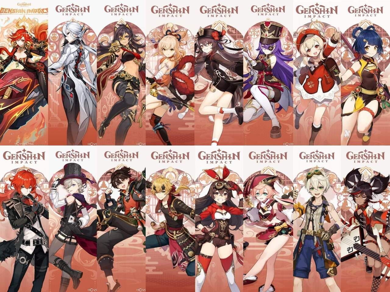 Genshin Impact Pyro Vision characters including Hu Tao, Klee, and Diluc representing passionate personality types