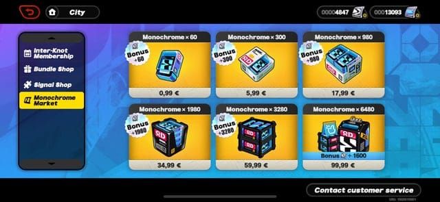 Zenless Zone Zero Monochrome Market displaying various purchase packages and pricing tiers