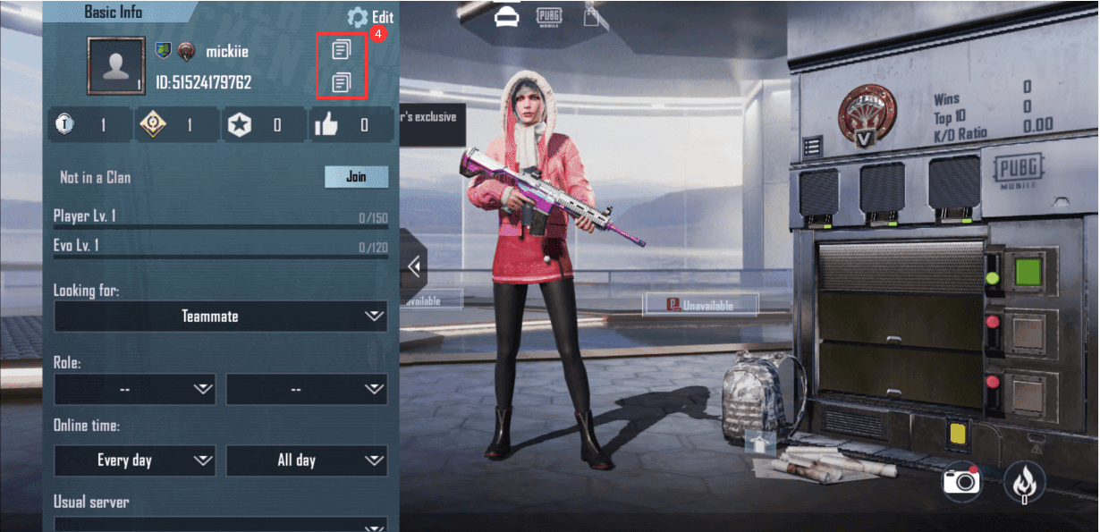 PUBG Mobile interface showing Player ID location in avatar menu and settings