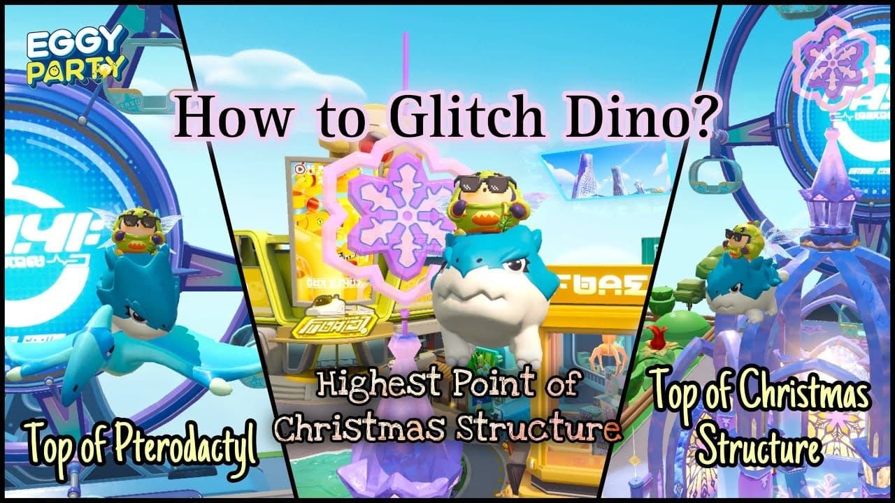 Скриншот Eggy Party Dino Dash со статуей динозавра и ящиками для финального прыжка