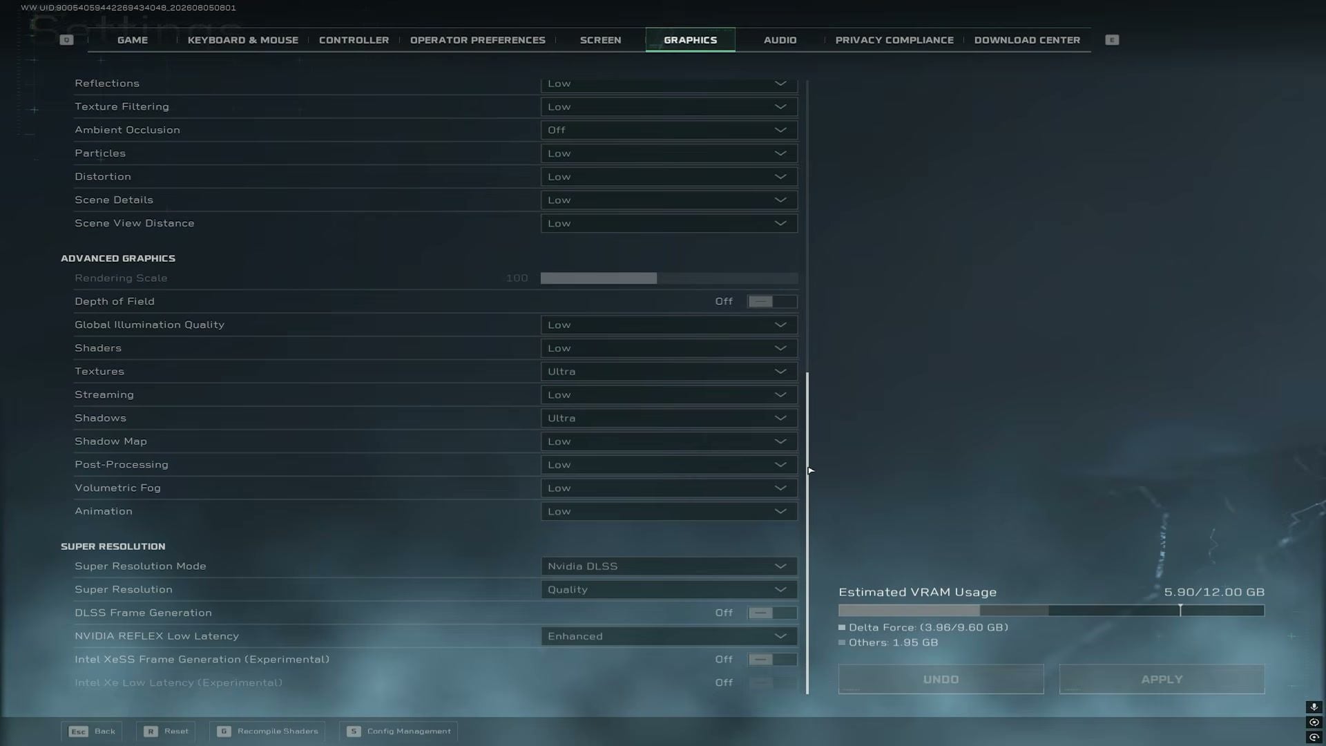 Preset personalizzato competitivo delle impostazioni grafiche di Delta Force