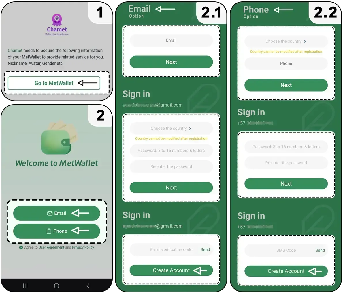 หน้าจอการถอนรายได้ Chamet พร้อมการรวม MetWallet