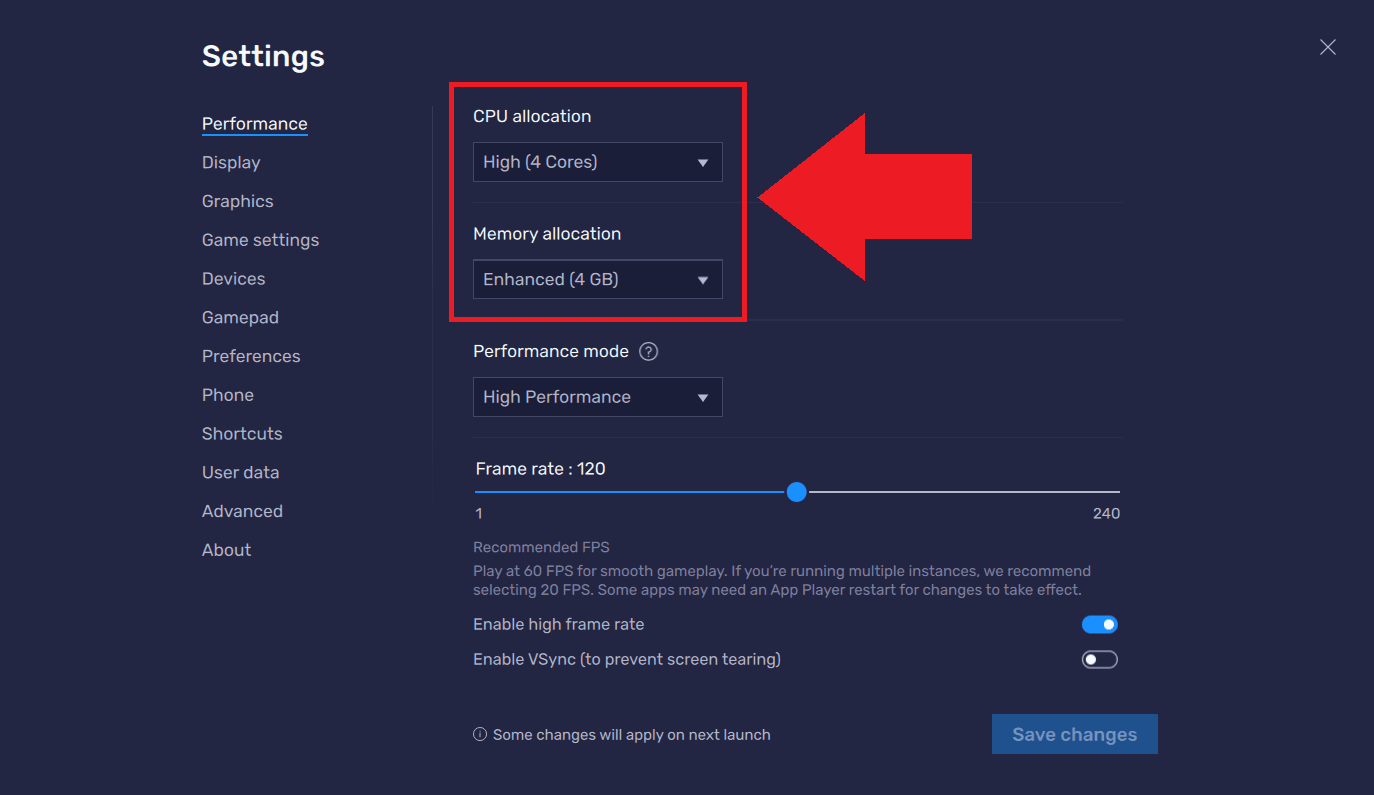 BlueStacks performance settings panel showing CPU cores and RAM allocation