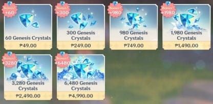 Genshin Impact Genesis Crystal purchase packages showing different price tiers and bonus amounts
