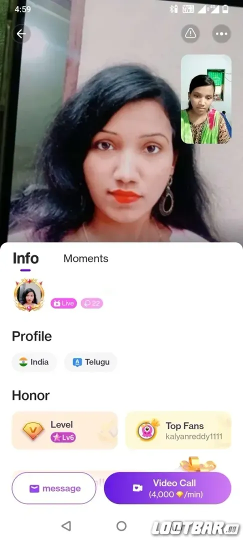 Interfaz de la aplicación Chamet para establecer tarifas de videollamadas privadas