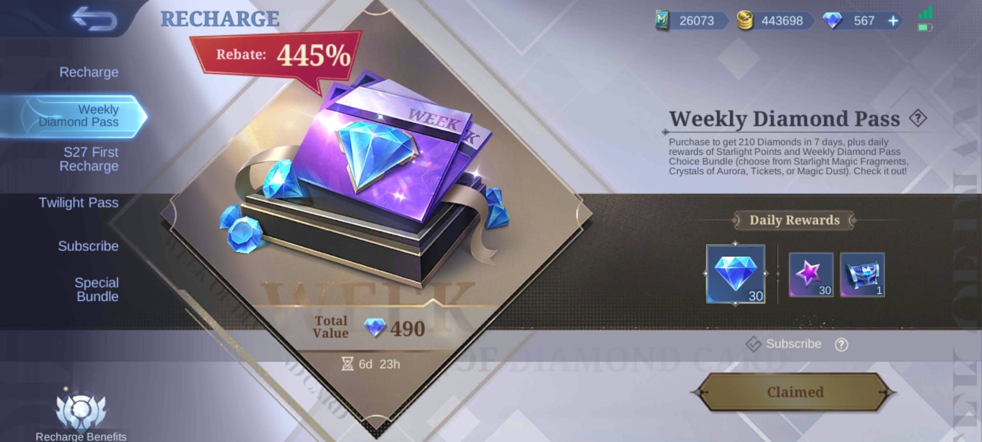 Mobile Legends Bang Bang Weekly Diamond Pass daily rewards breakdown showing diamonds and bonus items