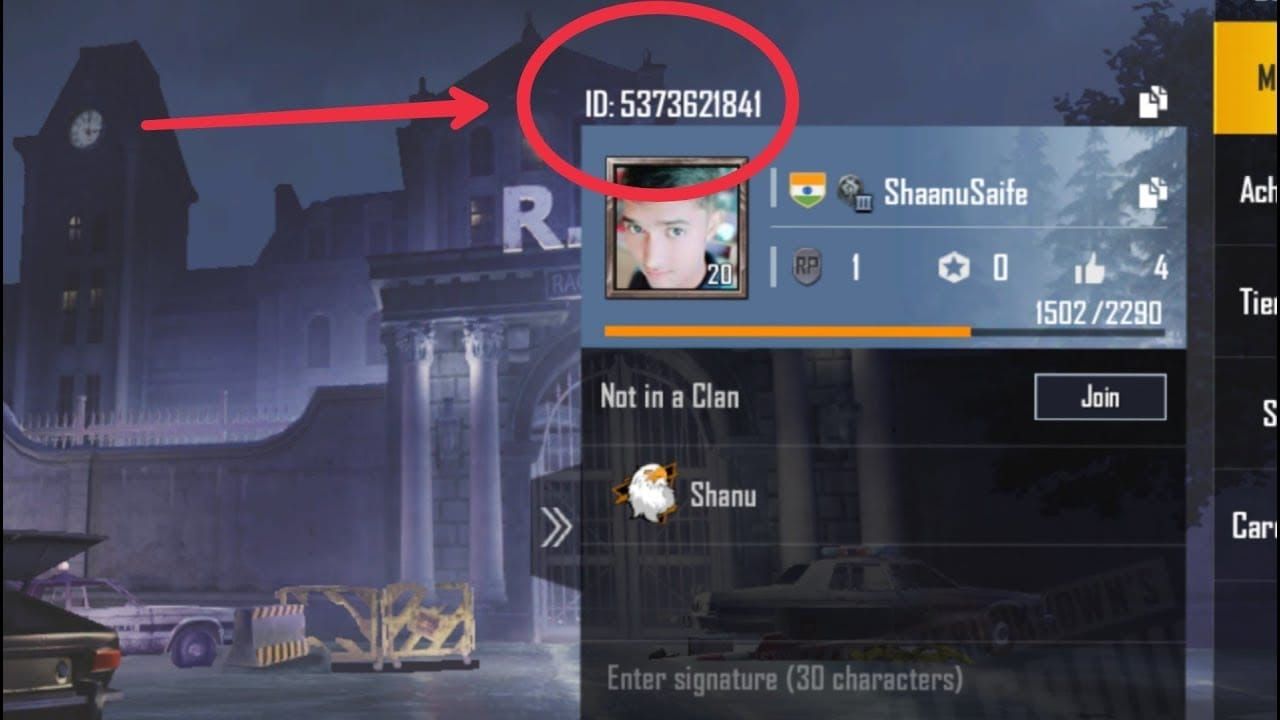 PUBG Mobile interface showing Player ID location in profile section