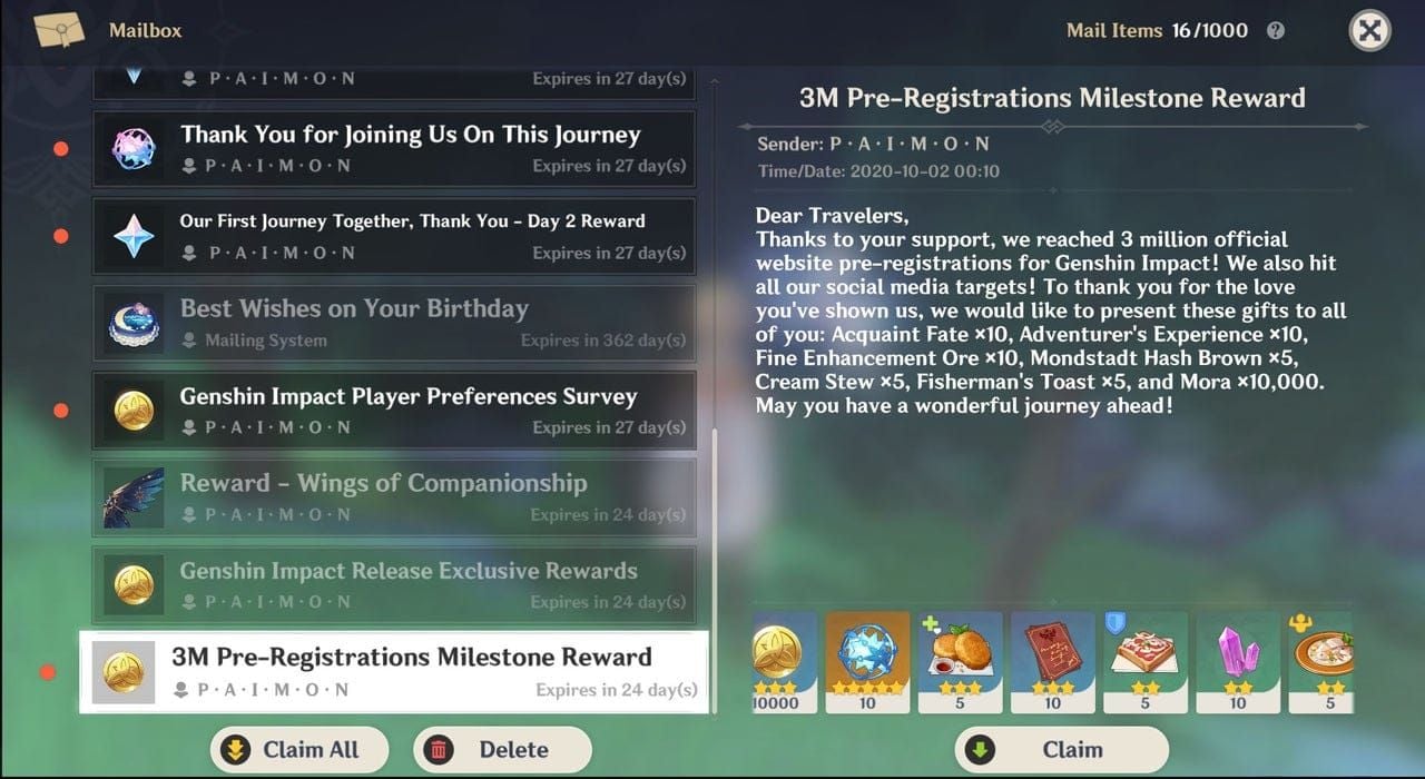 Genshin Impact in-game mail interface displaying code redemption rewards