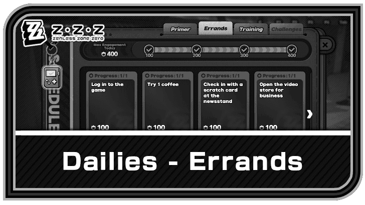 Zenless Zone Zero Daily Errands interface displaying daily tasks and Polychrome rewards