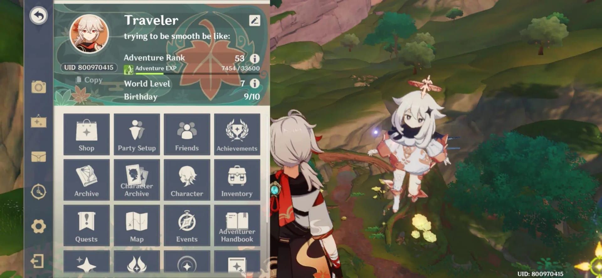 Скриншот Genshin Impact, показывающий UID и выбор сервера в правом нижнем углу