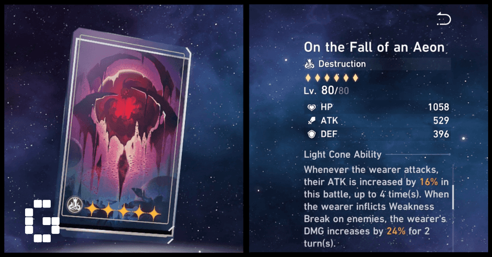 Light Cone "On the Fall of an Aeon" من Honkai Star Rail يعرض إحصائيات وقدرات السلاح
