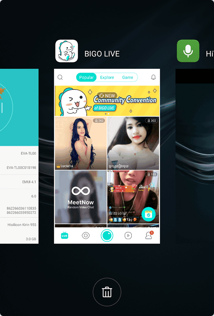 Bigo Live mobile app interface showing vertical video streaming layout and touch-optimized controls