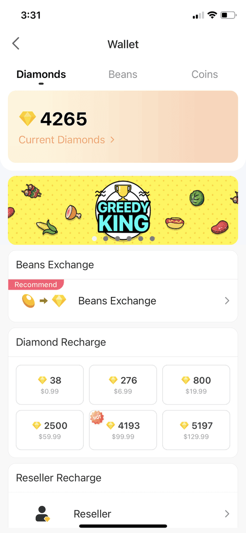 Bigo Live app interface showing Diamond currency wallet and balance