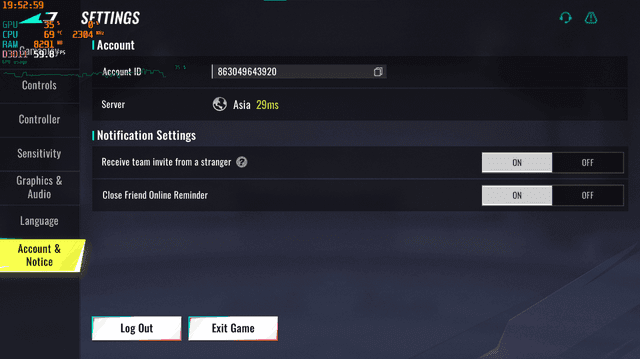 Blood Strike game interface showing how to find User ID through Settings and Account tab