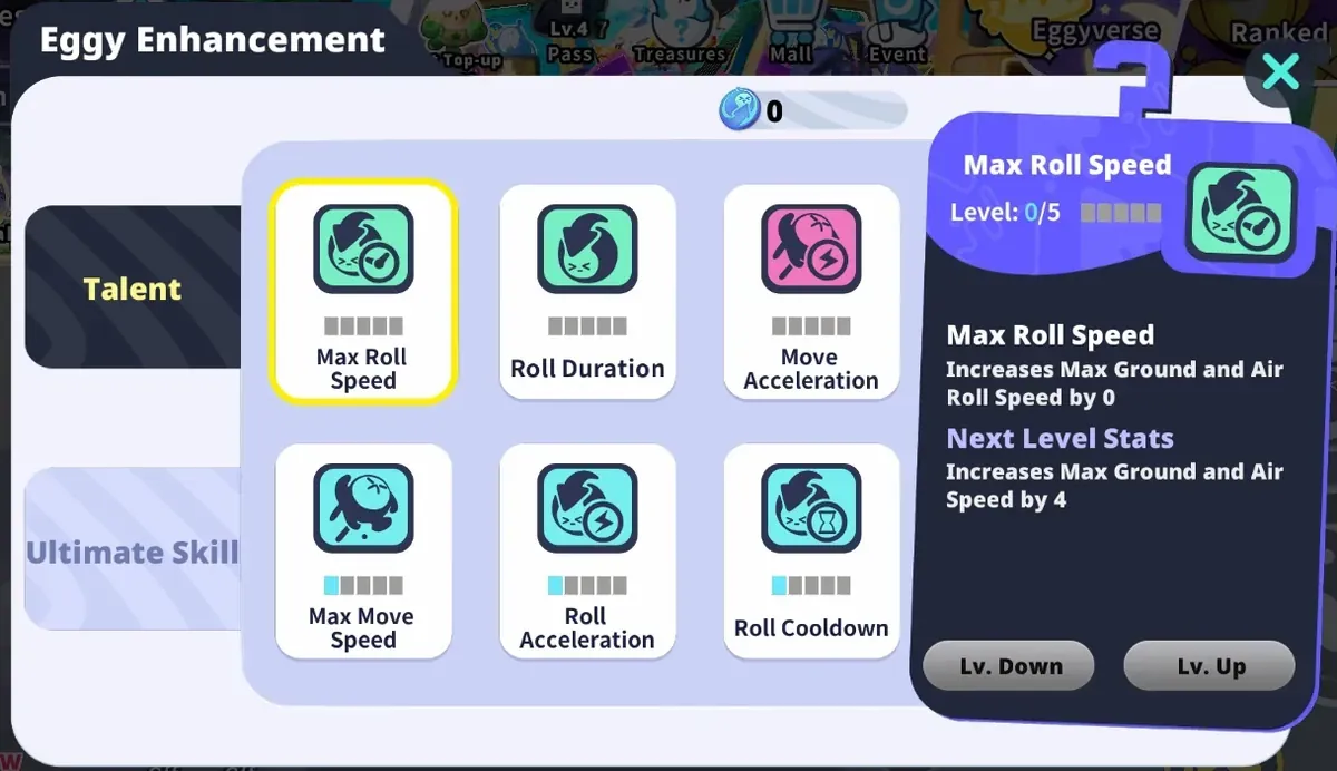 Interfaccia dei talenti del menu principale di Eggy Party