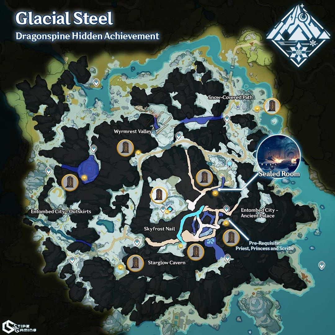 خريطة منطقة سباين التنين في جينشين إمباكت تظهر بقايا دورين ومواقع الاستكشاف الرئيسية