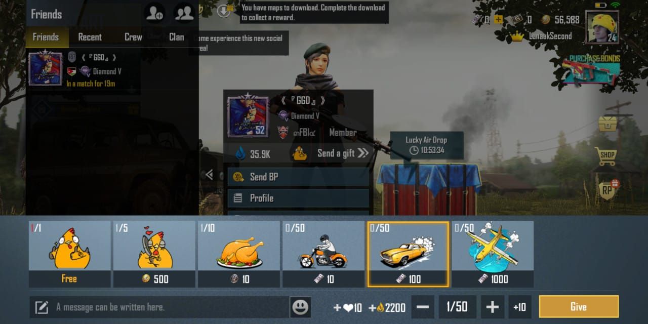 PUBG Mobile in-game shop showing gift option and friend selection process