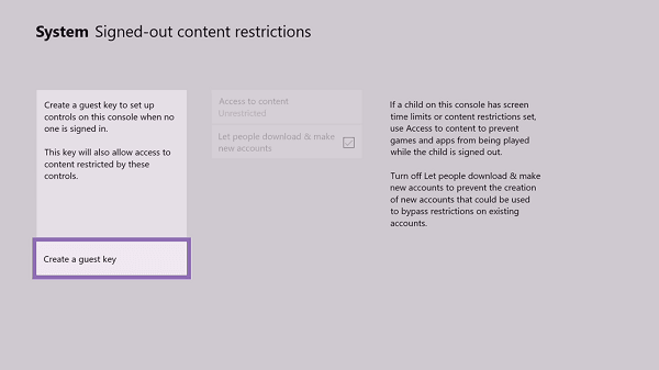 Xbox System Signed-Out Content Restrictions menu