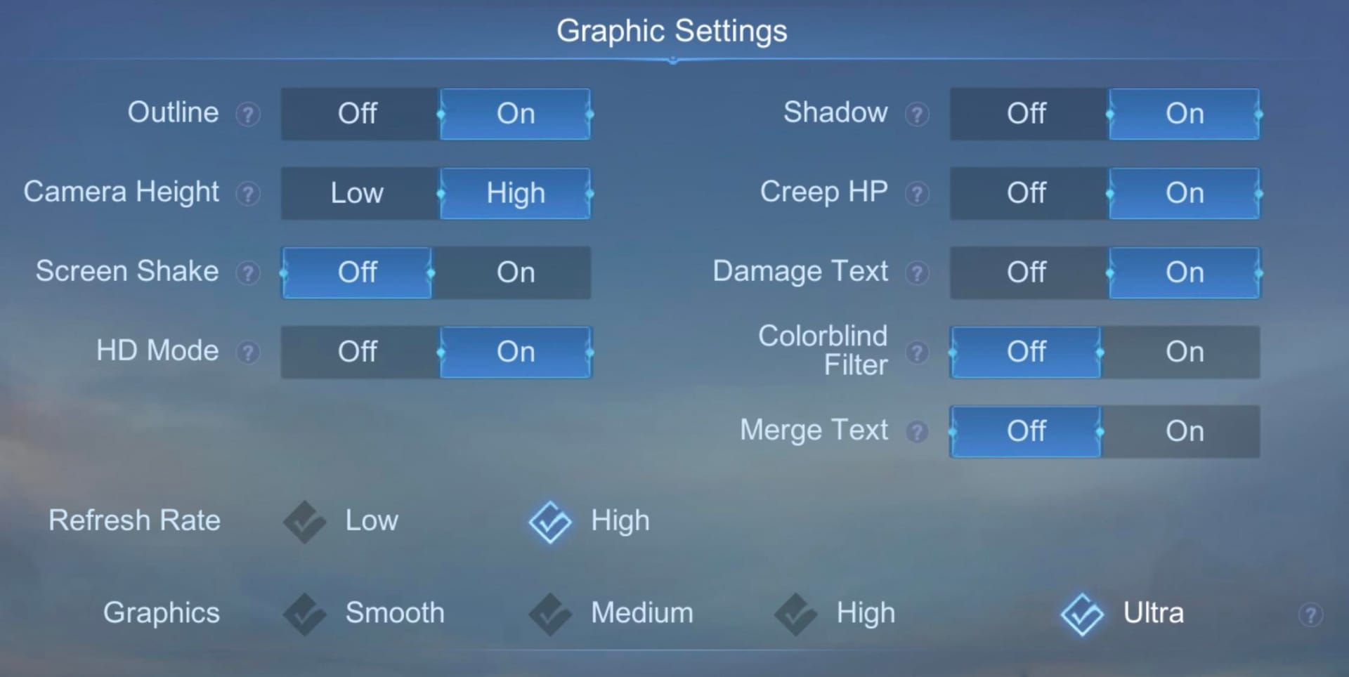 Mobile Legends graphics settings configured for optimal performance on budget devices