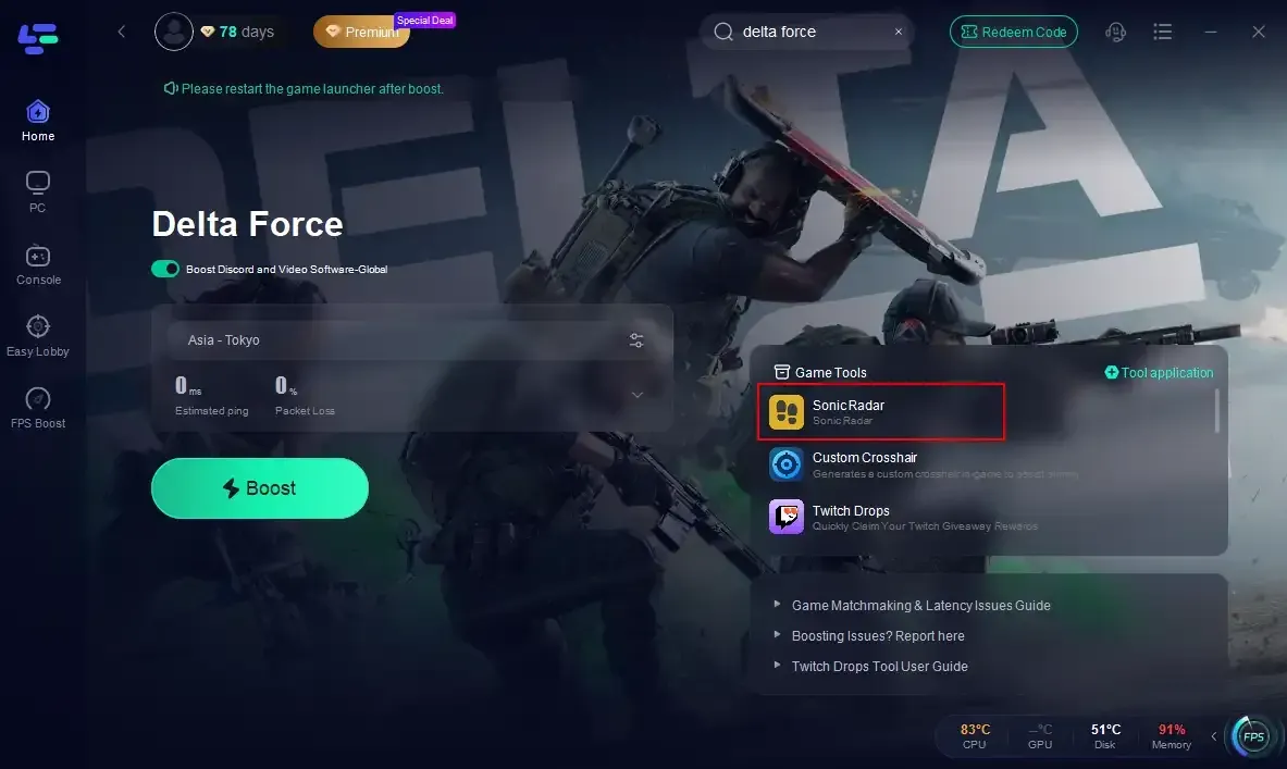 Interface de configuração do Delta Force Sonic Studio para o Radar de Áudio