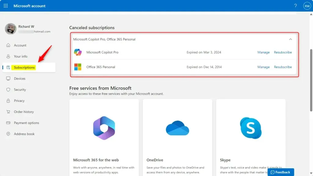 マイクロソフトアカウントのサービスとサブスクリプション管理画面