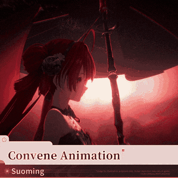 Animated clip of Suoming's Convene animation, a close shot of a boot and legs in red light, captioned Convene Animation