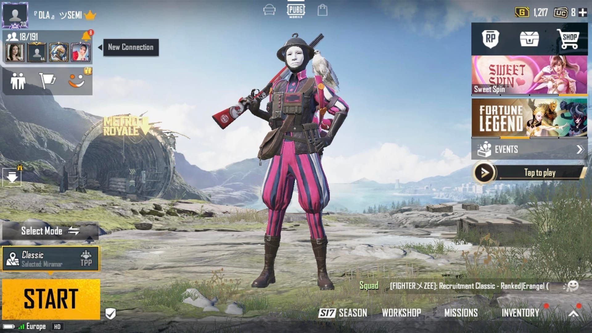 PUBG Mobile main lobby screen with UC balance visible in top-right corner