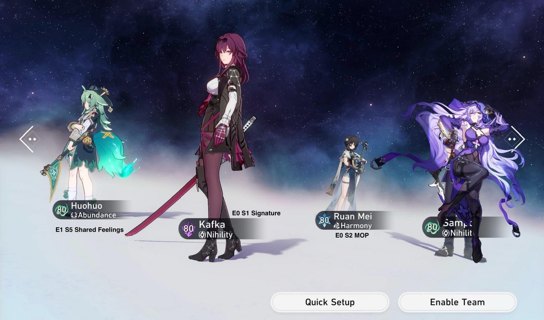 Kafka DoT team composition featuring Kafka, Black Swan, Hysilens, and Huohuo