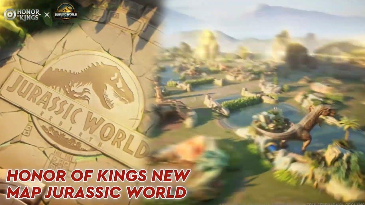 Honor of Kings Gorge map transformed with Jurassic World theme featuring dinosaurs and prehistoric elements