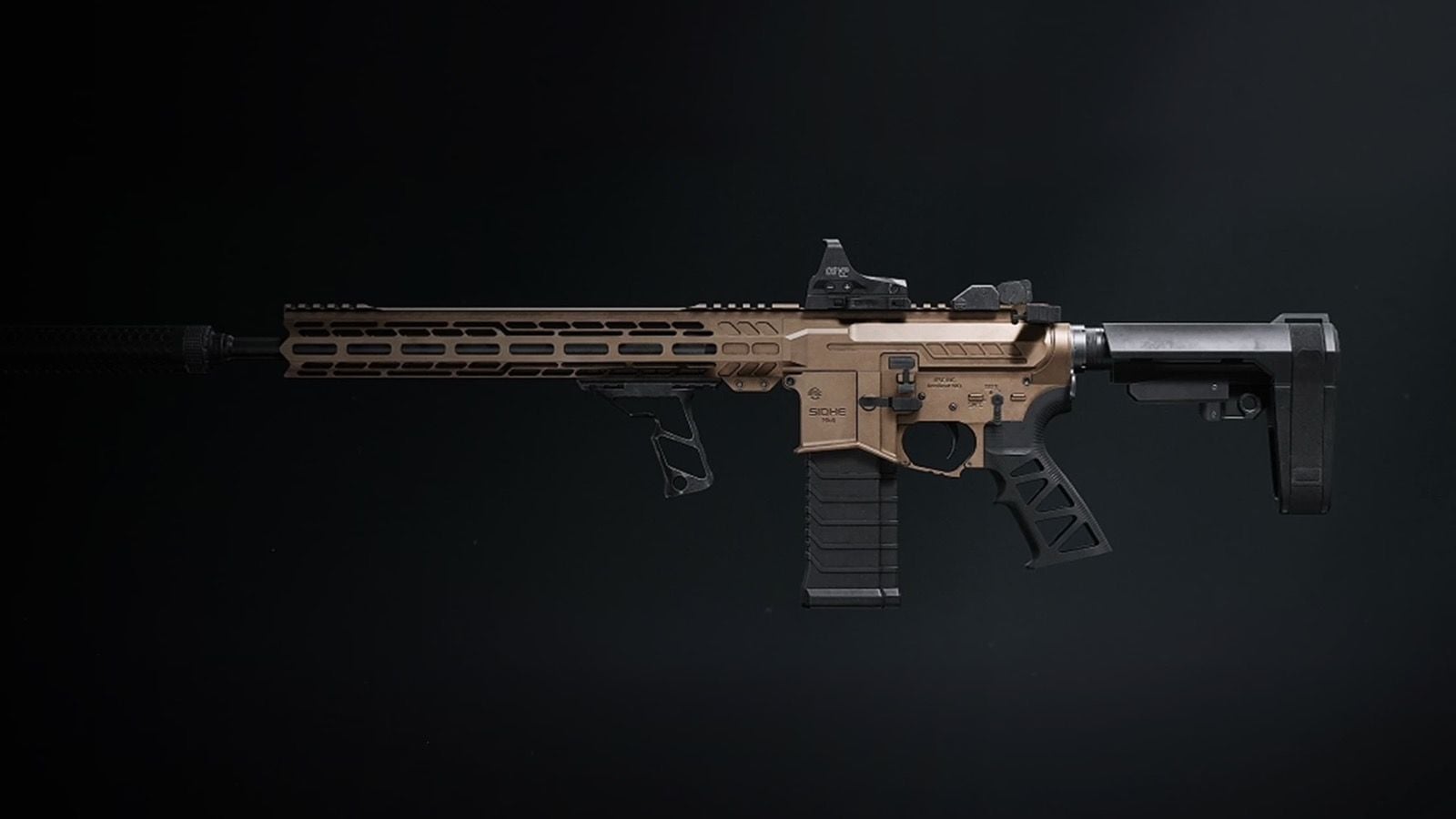 暗色工作室背景下的 SIG MCX 自定义改枪，带有消音器和红点瞄准镜