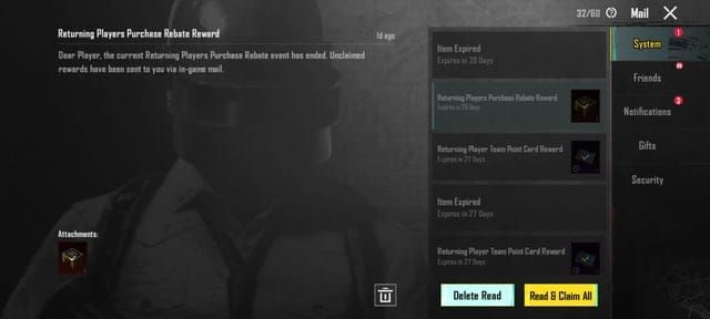 PUBG Mobile UC in-game mail interface met verzilverde beloningen en claim-knop