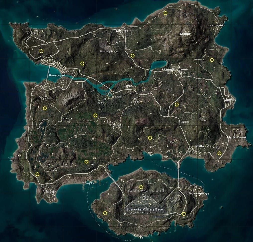 Erangel map with all 15 Classic secret vault locations marked
