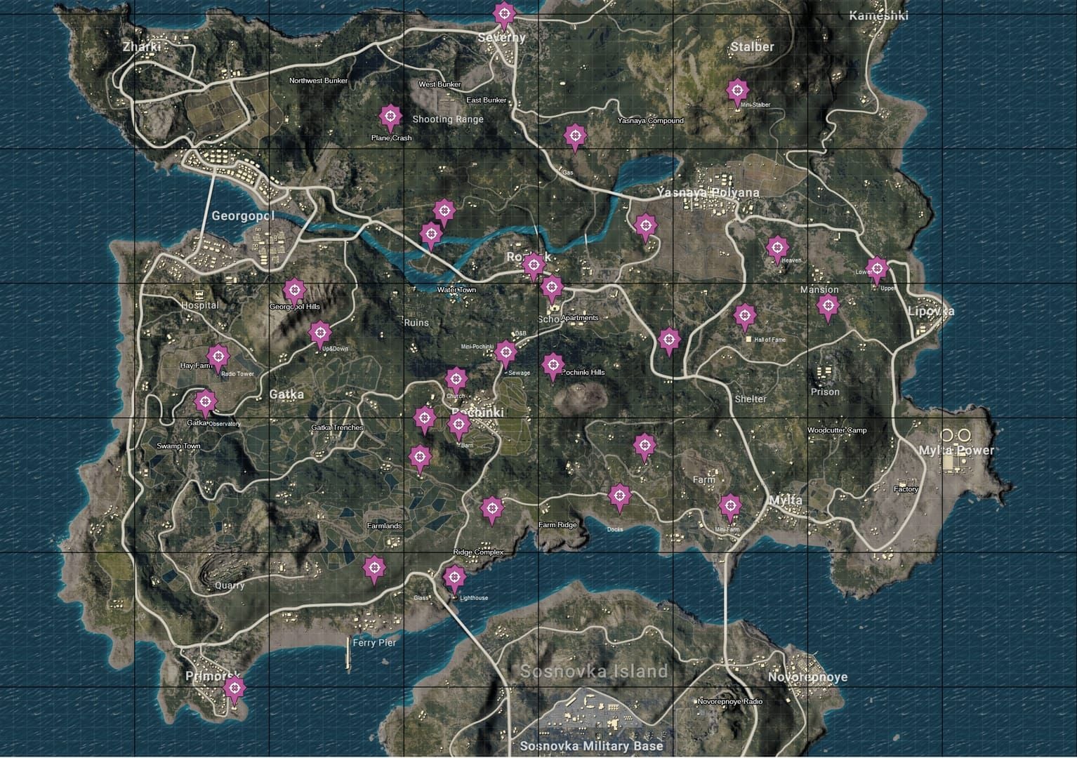 Mapa de Erangel en PUBG Mobile que muestra las ubicaciones de aparición de las Bayas de Energía en el modo Frosty Funland