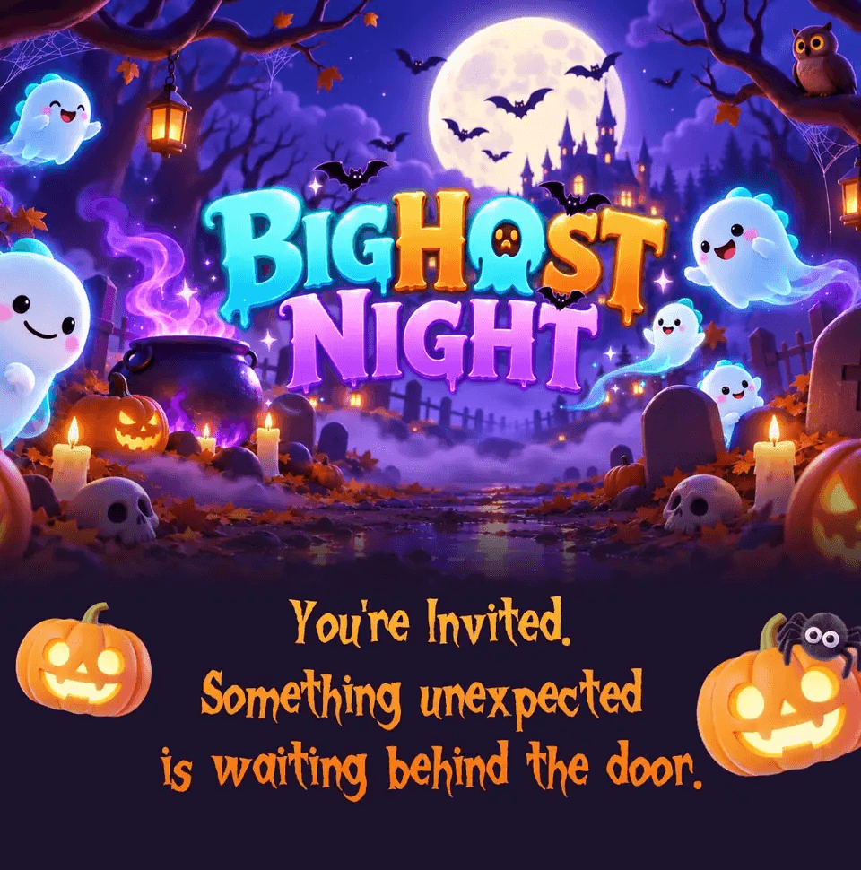 Póster oficial de Halloween de BIGHOST NIGHT de Bigo Live con fantasmas animados, calabazas y el texto You're Invited