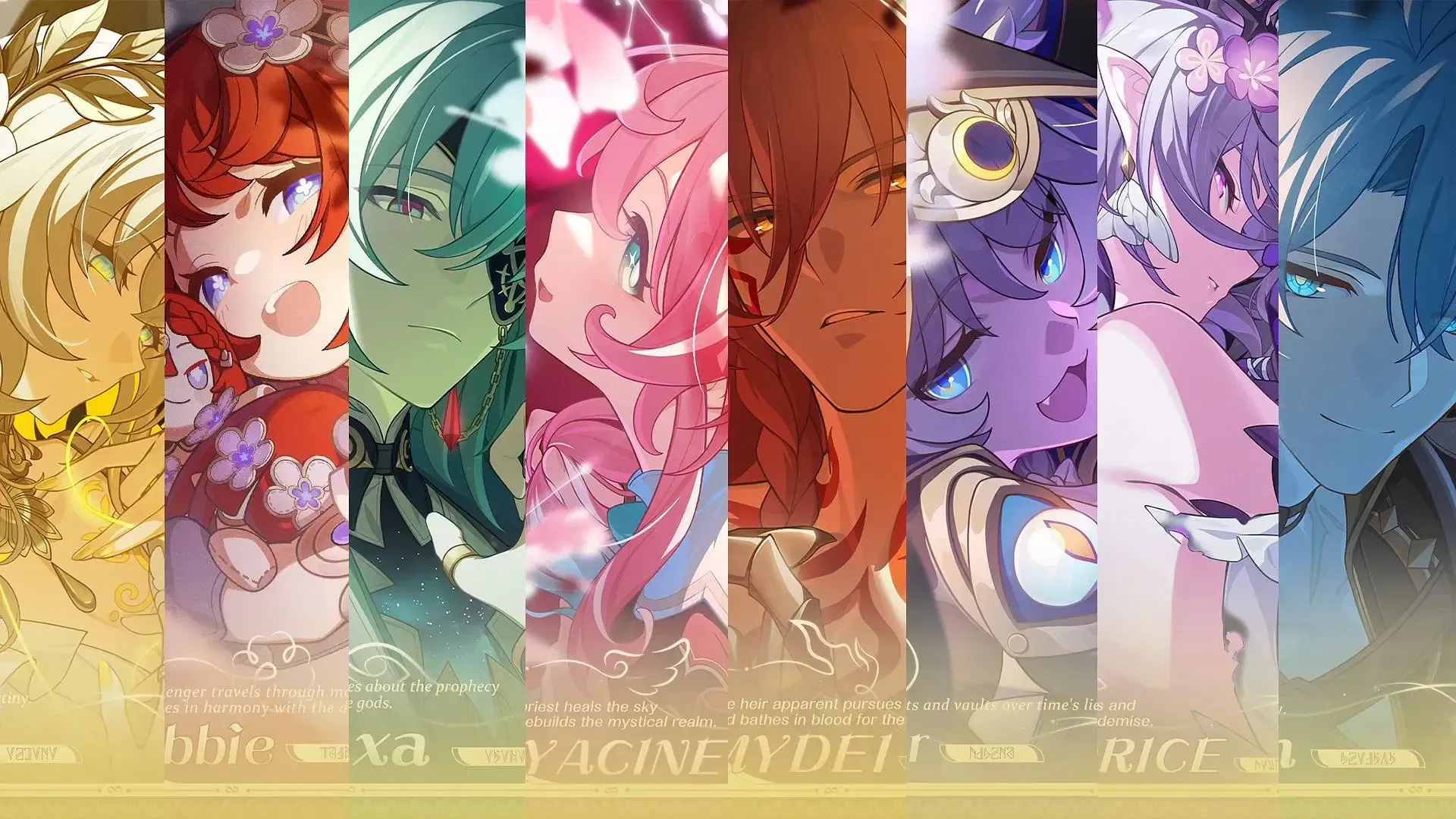 The seven Chrysos Heirs characters from Amphoreus in Honkai Star Rail