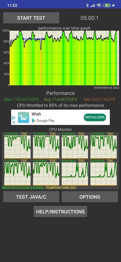 PUBG Mobile thermal throttling performance chart showing frame rate drops with temperature increases