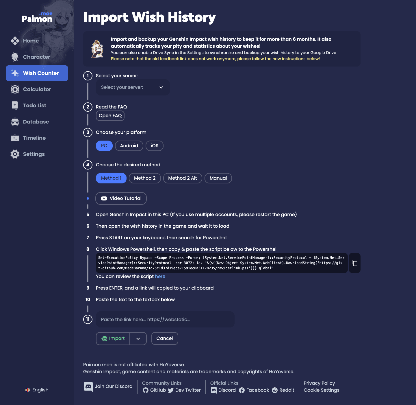 Importación del historial de deseos en Paimon.moe: servidor, Método 1 para PC, bloque de PowerShell oficial y botón de importación
