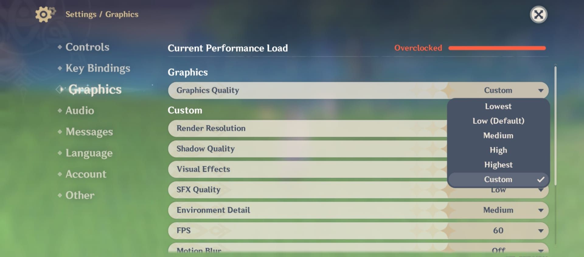 Menu grafik mudah alih Genshin Impact dengan Resolusi Render Rendah, Bayangan, Kesan, dan FPS pada 30-45