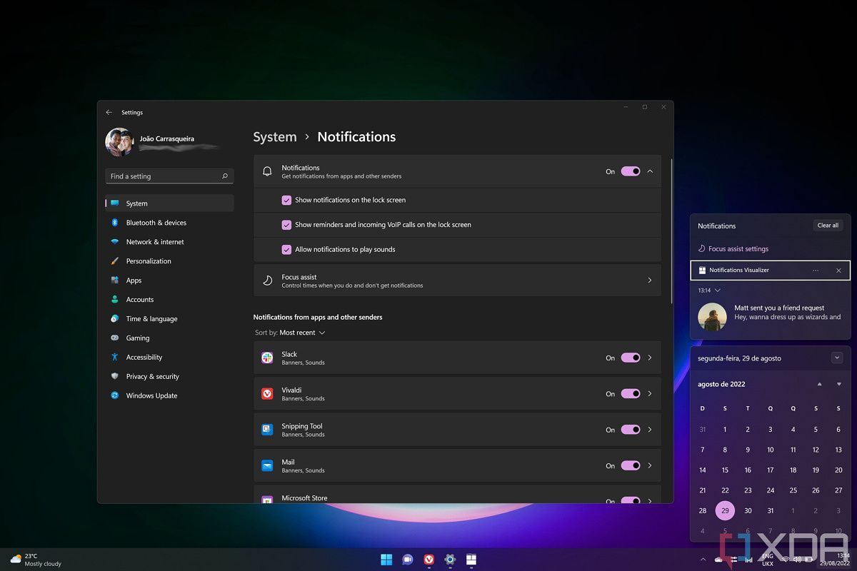 Painel de gerenciamento de banners de notificação no Windows