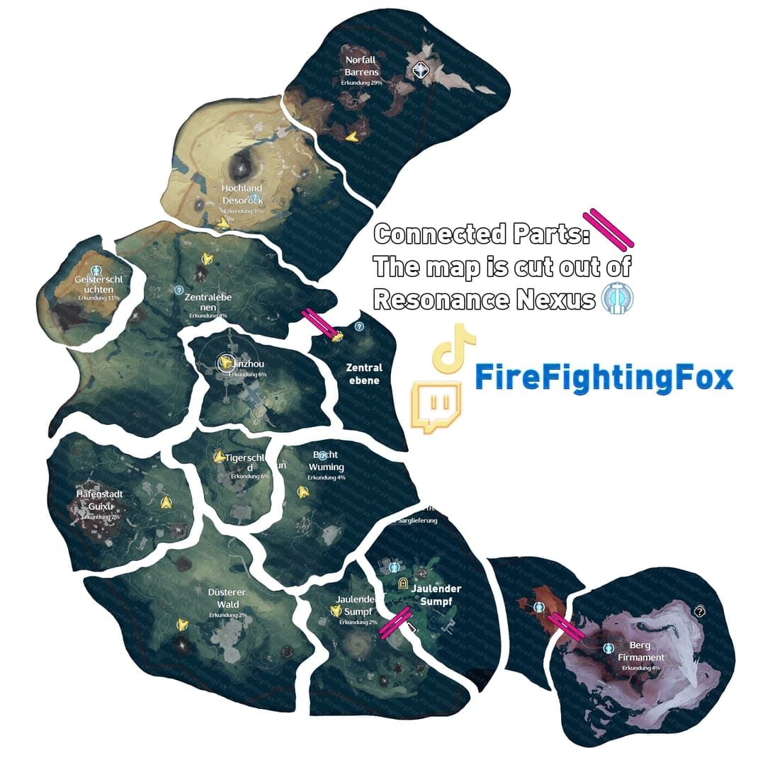 Mapa da nova região de Wuthering Waves 3.3 com locais de baús e quebra-cabeças para farm de Astrite