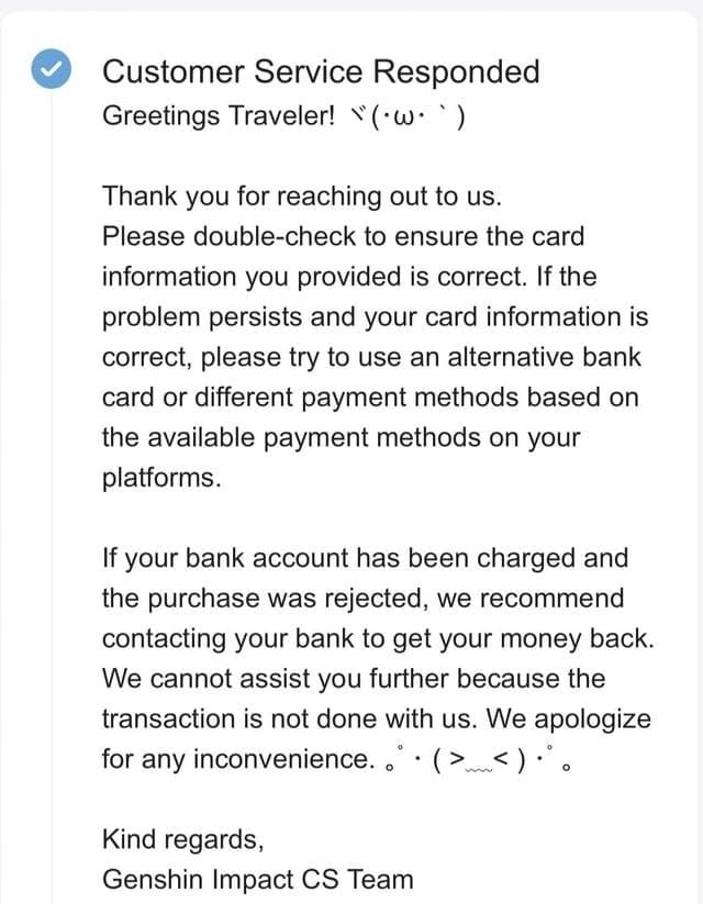 Example of payment failure error message in Genshin Impact