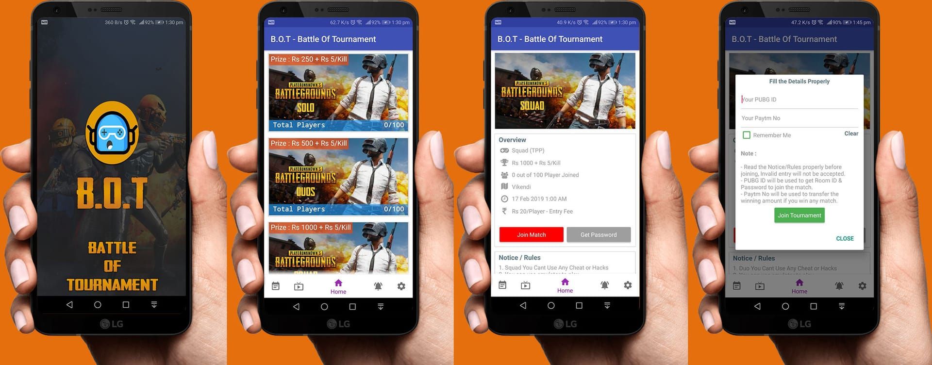 Interfaccia dell'app PUBG Mobile che mostra le funzionalità di visualizzazione del torneo con angolazioni multiple della telecamera e statistiche