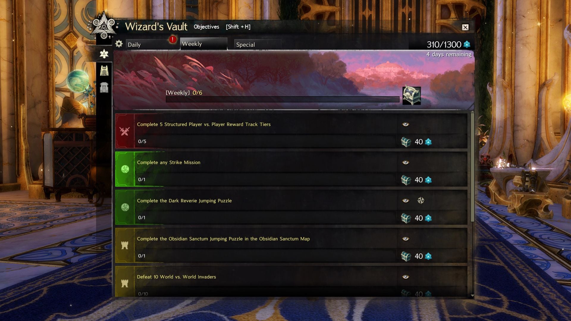 Antara muka Wizard's Vault Guild Wars 2 dengan pilihan ganjaran Astral Acclaim