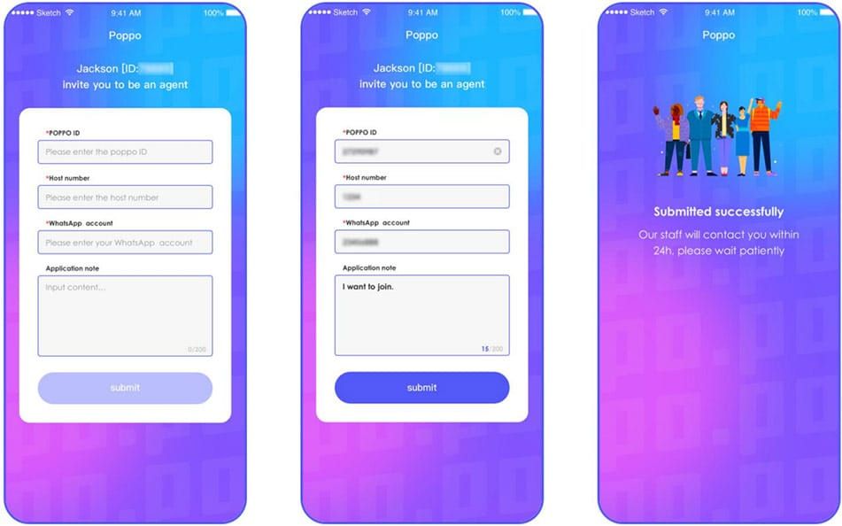 Panel ejen Poppo Live menunjukkan ciri penjanaan pautan jemputan sub-ejen